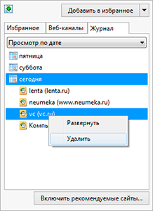 Удаление одного сайта из Журнала Internet Explorer