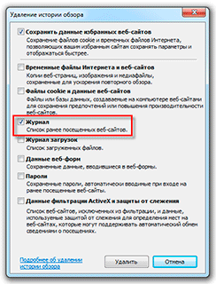 Очистка Журнала браузера IE